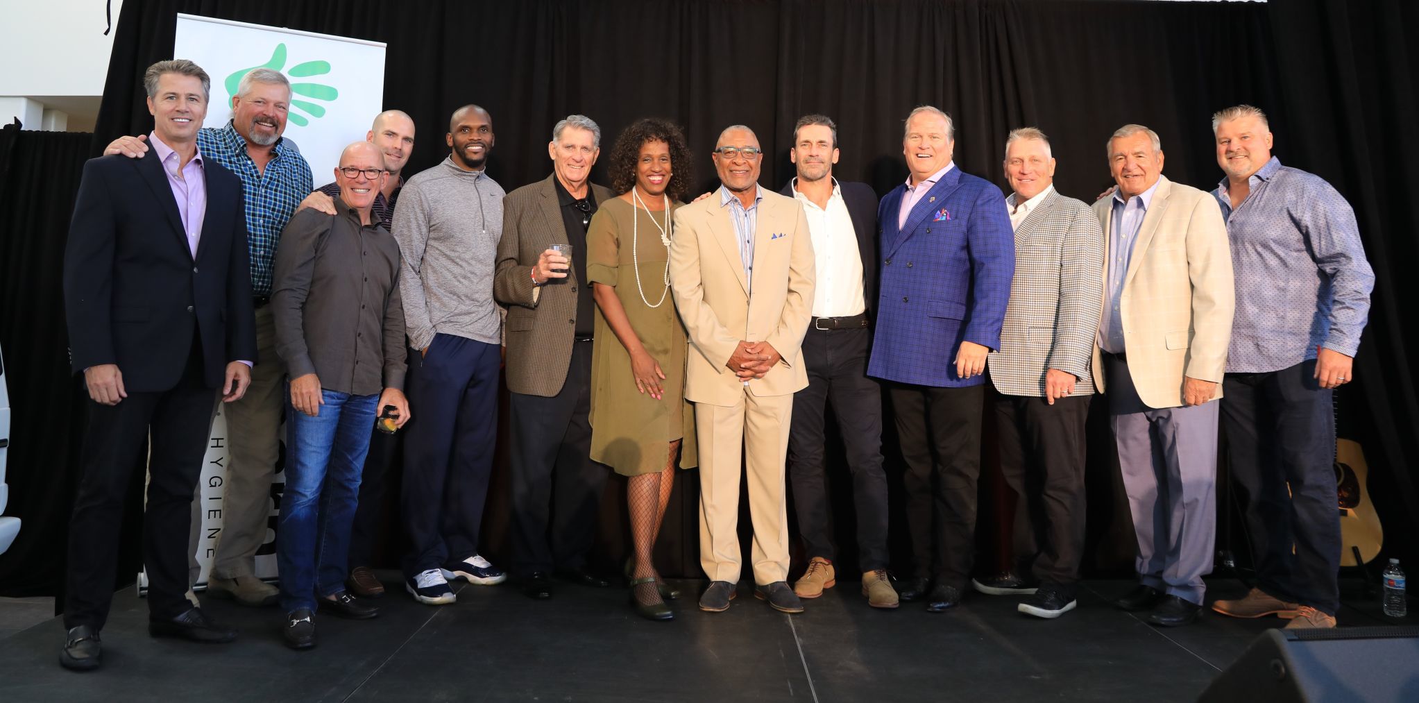 Doug Pitt, Danny Cox, Darren Pang, Barret Jackman, Isaac Bruce, Mike Shannon, Jackie Joyner-Kersee, Ozzie Smith, Jon Hamm, Donn Sorensen, Brett Hull, Bob Plager, and Kelly Chase.jpg